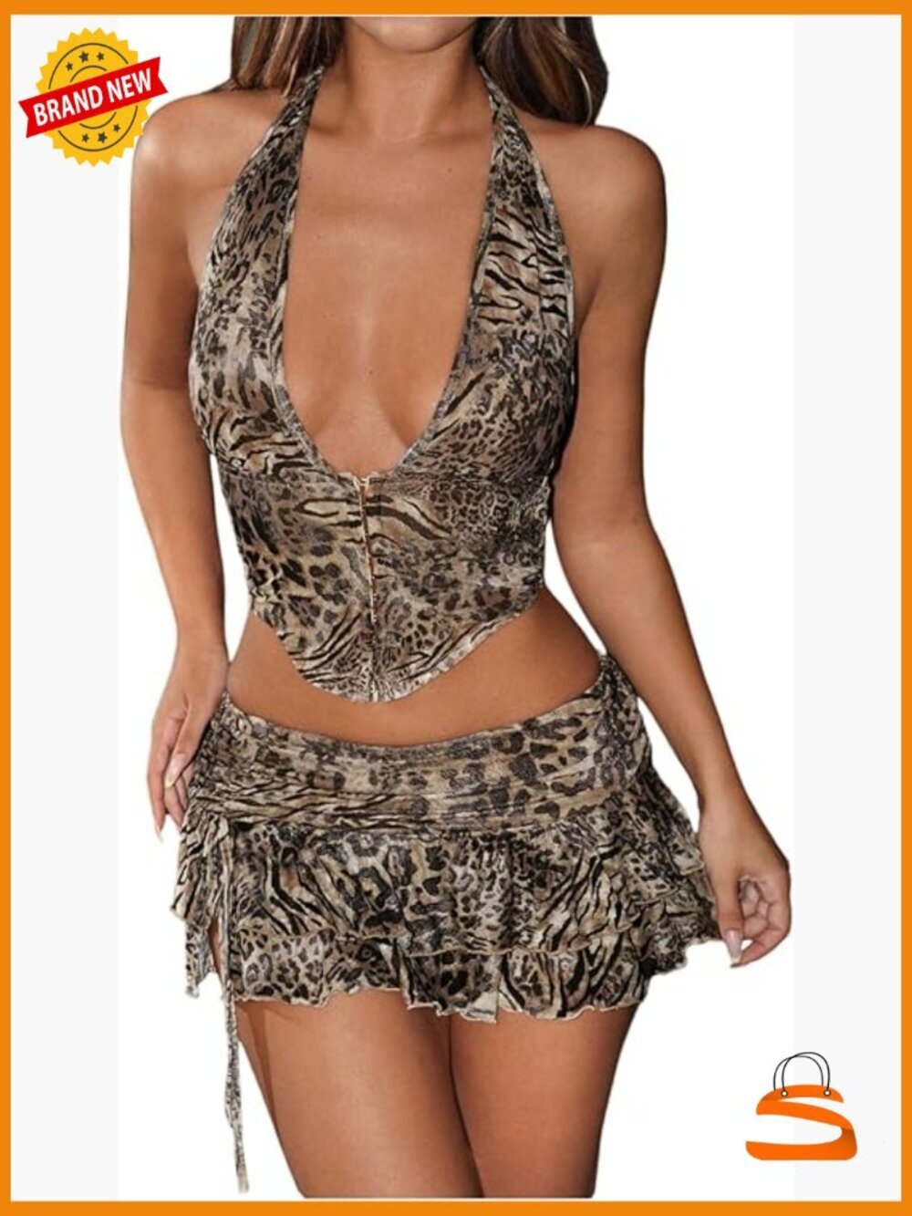 2 Piece Skirt Sets Y2k Rave Outfits Summer Halter Top Ruffle Mini Skirt
